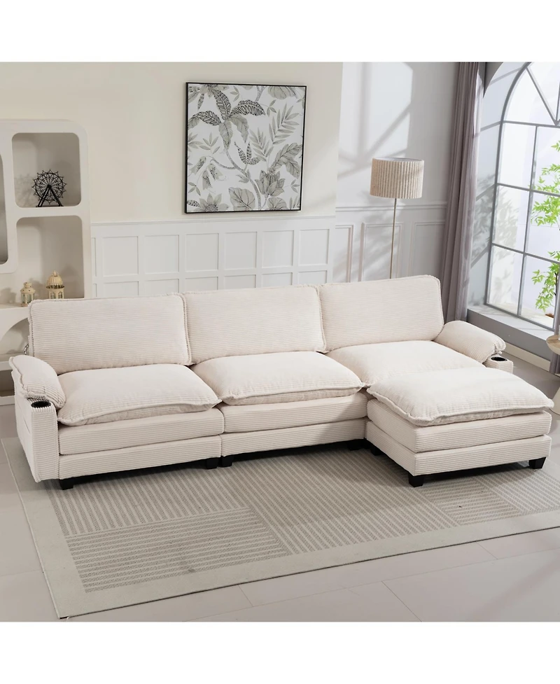 Streamdale Furniture Modern 3+1 L-Shaped Corduroy Sofa with Ottoman, Cloud Couch for Living Room.