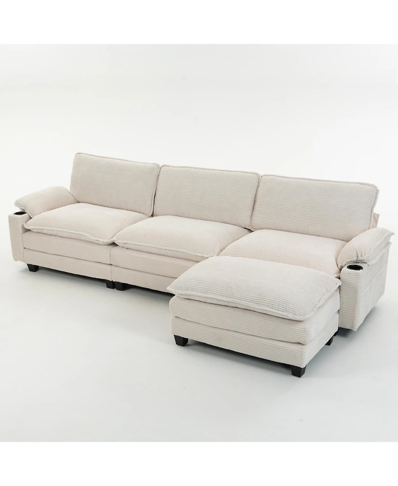 Streamdale Furniture Modern 3+1 L-Shaped Corduroy Sofa with Ottoman, Cloud Couch for Living Room.