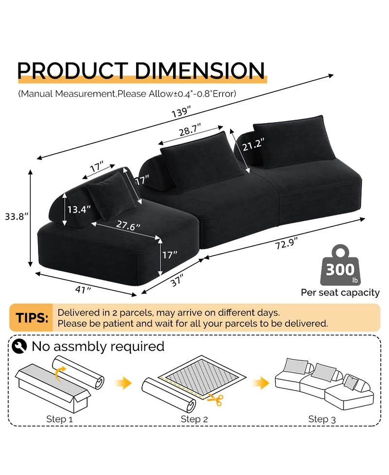 Streamdale Furniture Streamdale Modern Light Luxury Oversized Modular Sectional Sofa, Fluffy Chenille, Removable Backrests, Dark Grey