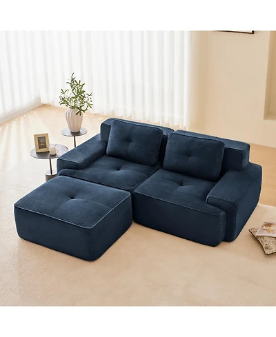 Streamdale Furniture Streamdale Blue 82" Modern L-Shaped Corduroy Sectional Sofa with Ottoman