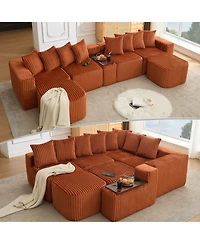 Streamdale Furniture U Shaped Sofa, Usb/Wireless Charge, Coffee Table, Movable, 6 Seats, Corduroy, Orange