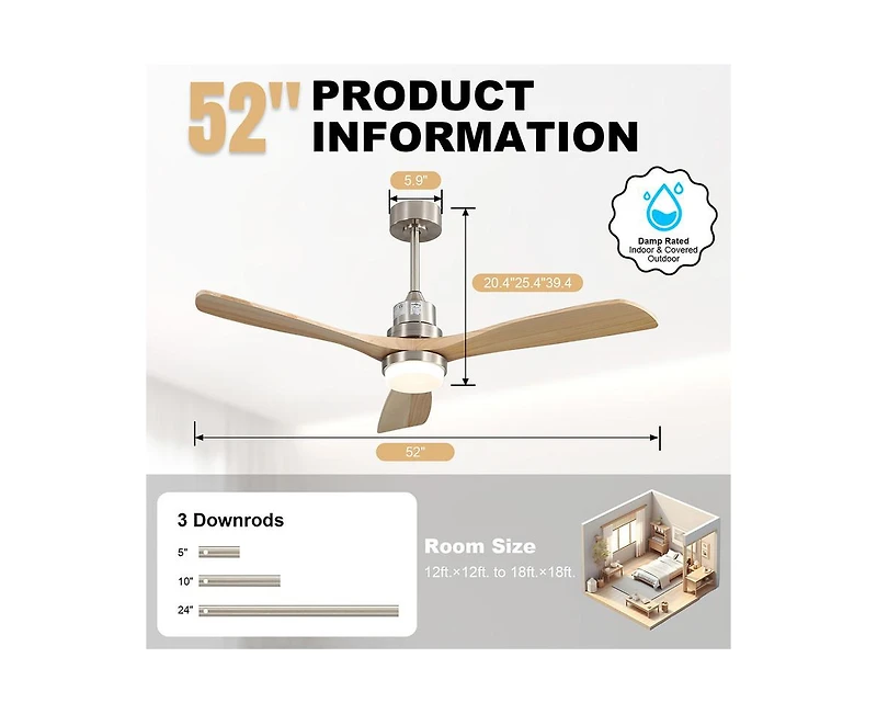 Sofucor 52-inch Modern Sand Nickel 3-Blade Light Ceiling Fan with Remote Control and Supporting Mobile Device Connection