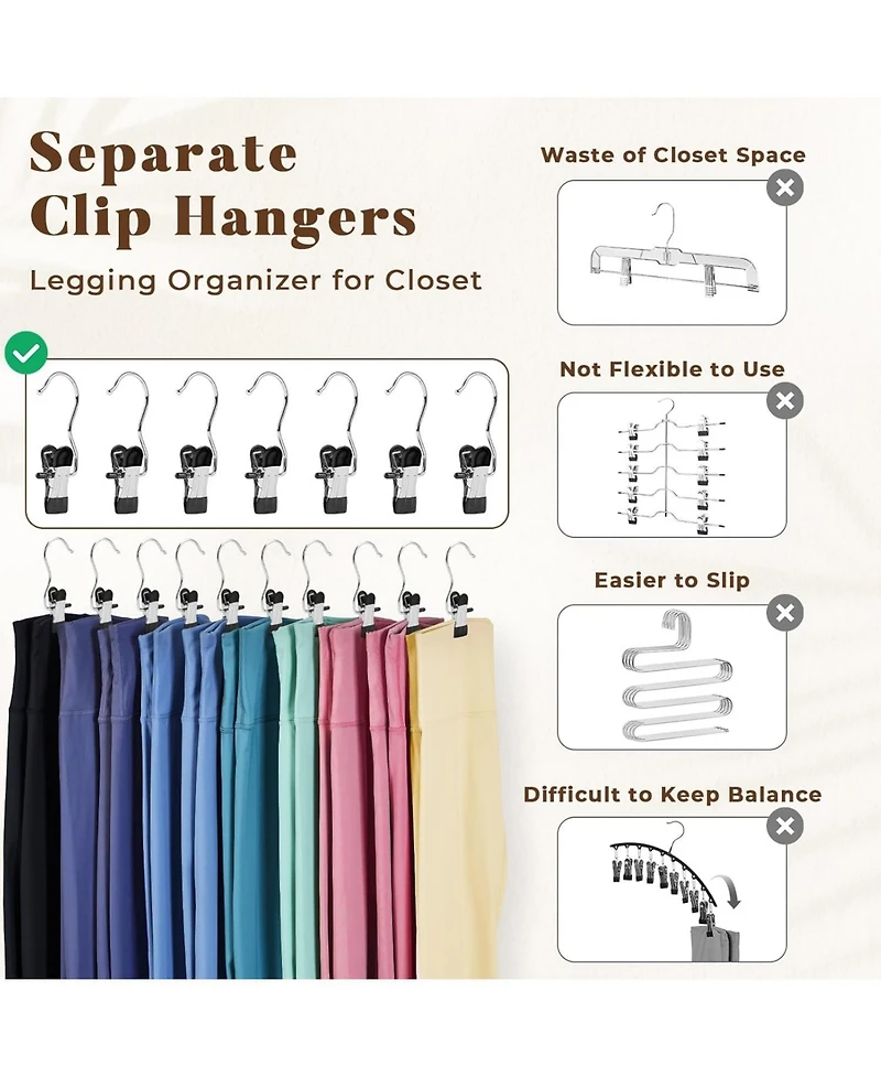Legging Hanger Organizer with Rubber-Coated Clips for Yoga Pants, Workout Sets, Boots