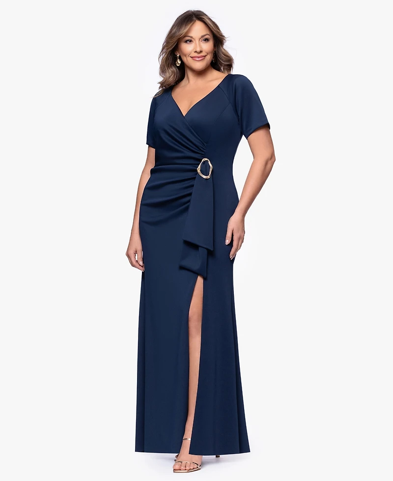 Xscape Plus Short-Sleeve V-Neck Long Dress