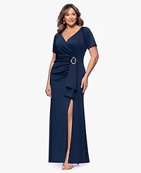 Xscape Plus Short-Sleeve V-Neck Long Dress