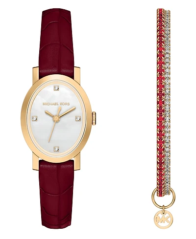 Michael Kors Women's Maude Three-Hand Red Leather Watch and Bracelet Set, 21mm