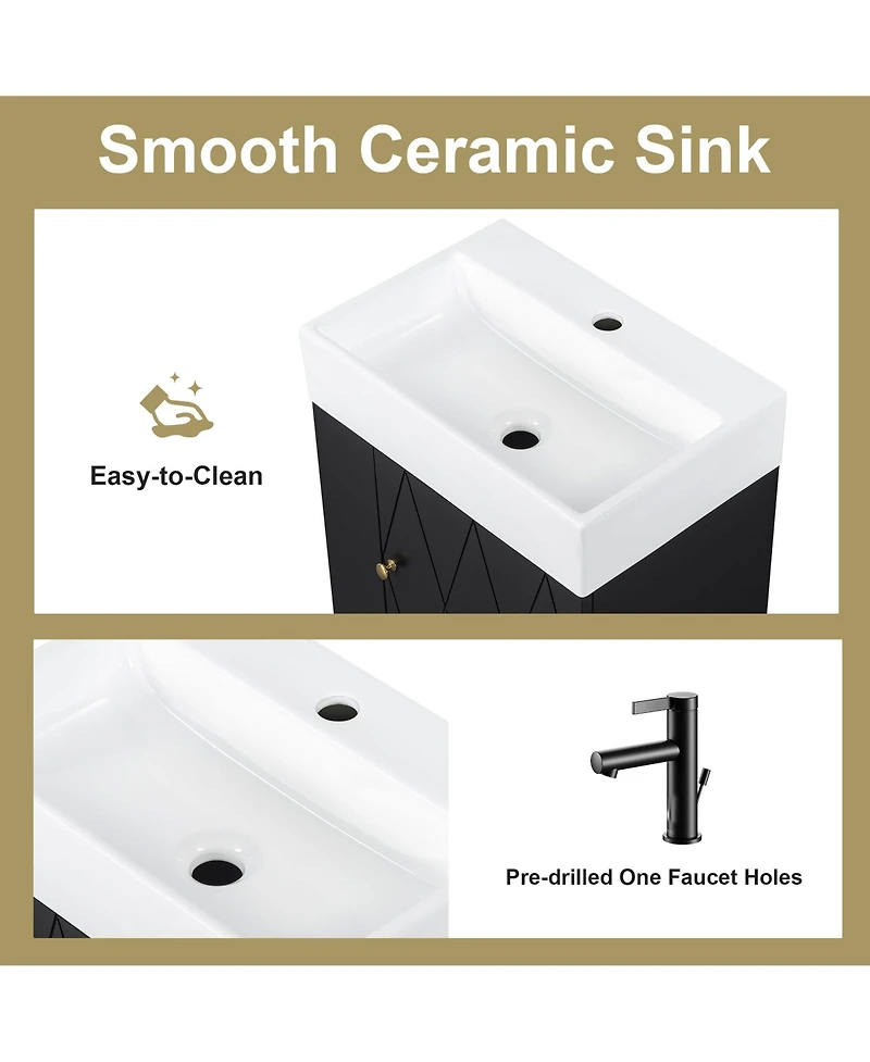 Boyel Living 20 Inch Bathroom Vanity with Ceramic Sink, Diamond Pattern Door, Gold Handle, Side Storage Shelves, Modern Cabinet Towel Bar