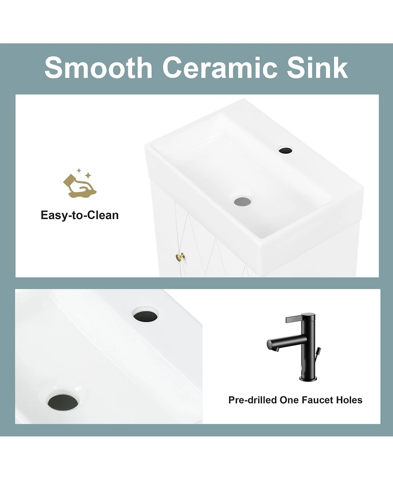 Boyel Living 20 Inch Bathroom Vanity with Ceramic Sink, Diamond Pattern Door, Gold Handle, Side Storage Shelves, Modern Cabinet Towel Bar