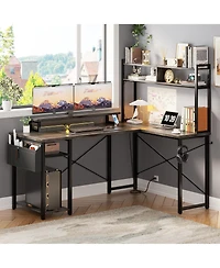 Aheaplus 49'' Small L Shaped Desk with Hutch, Reversible Computer Gaming Desk with Outlet and Led Strip