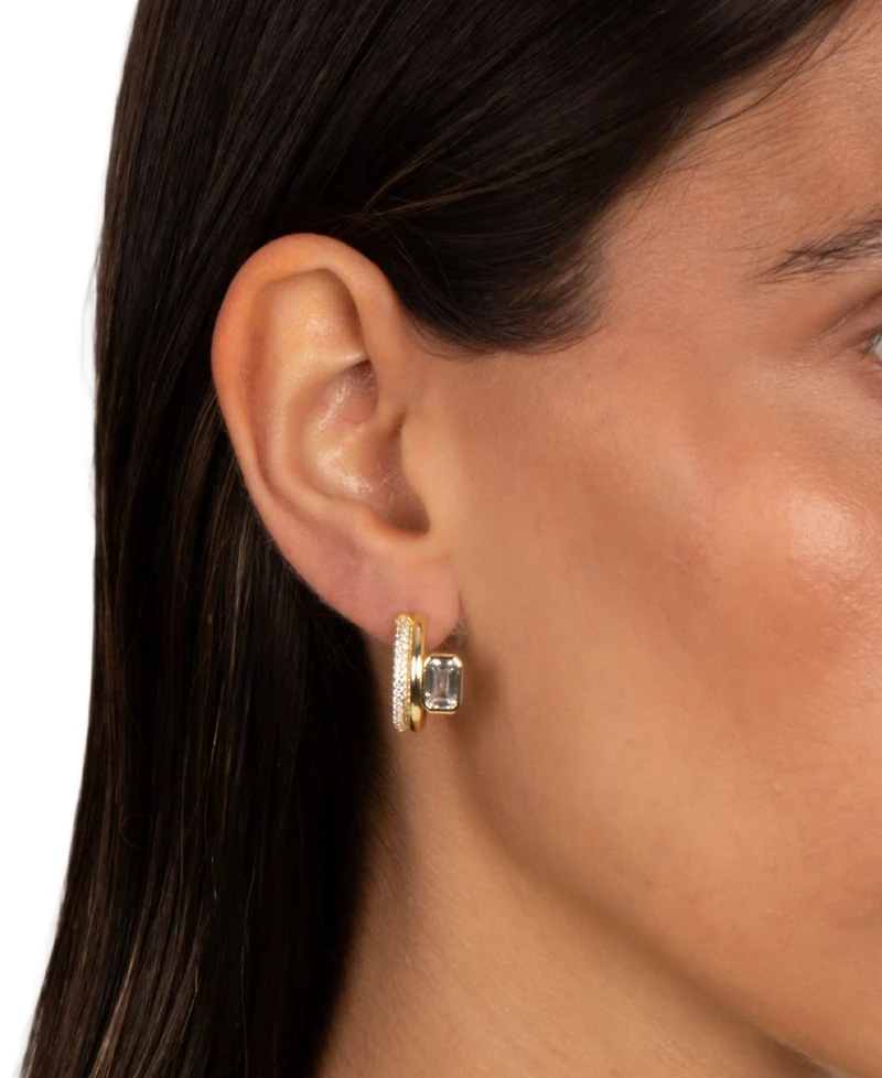 by Adina Eden Cubic Zirconia Gold Plated Gold Plated Emerald Bezel Double Row Huggie Earrings