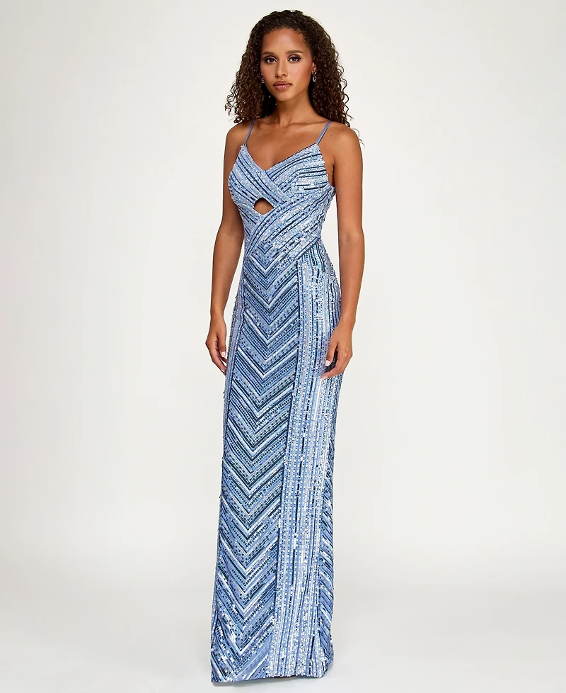 City Studios Women's All-Over Sequin Cut Out Long Dress