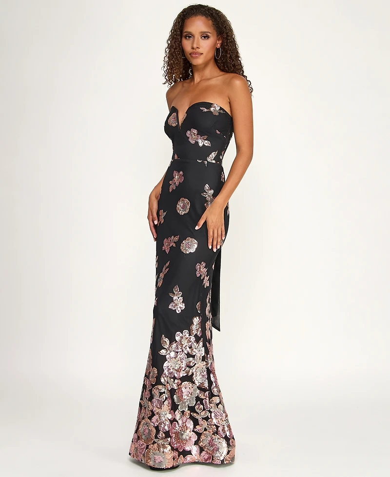 City Studios Juniors' Sequin Flower Long Slim Gown