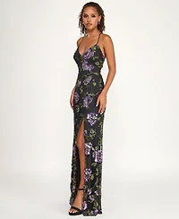Say Yes Juniors' Floral Embroidery Sequin Applique Front Slit Gown