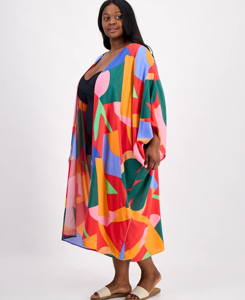 Raviya Plus Printed Open-Front Kimono Cover-Up