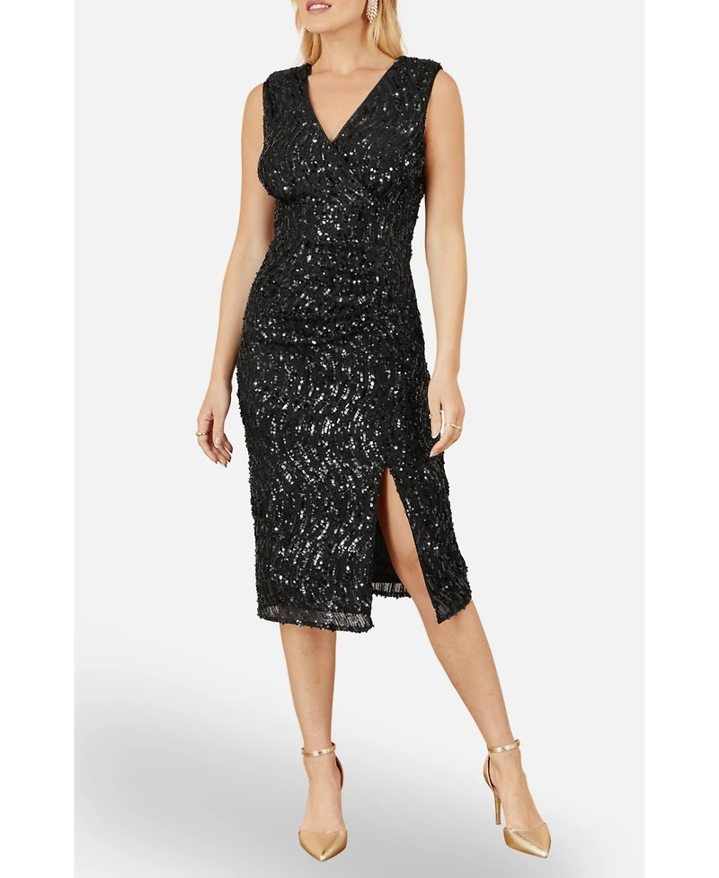 Yumi Women's Sequin Fitted Wrap Dress With Split Hem