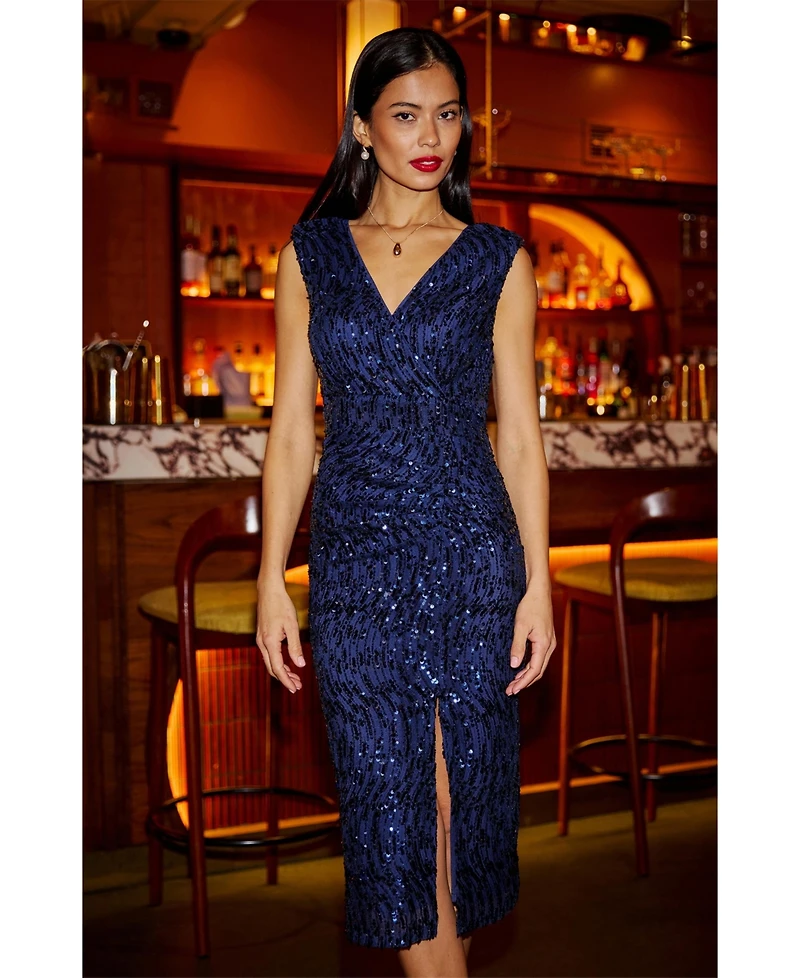 Yumi Women's Sequin Fitted Wrap Dress With Split Hem