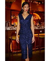 Yumi Women's Sequin Fitted Wrap Dress With Split Hem