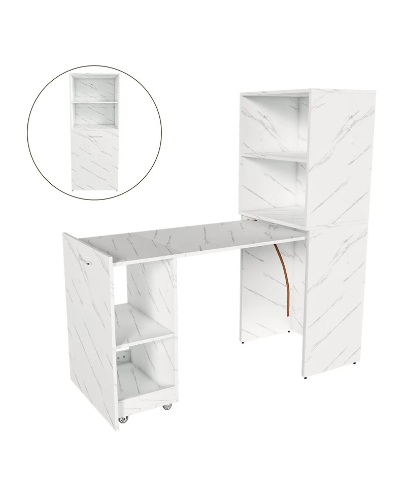 Streamdale Stretchable desk with storage shelves and wheels, foldable, white marble