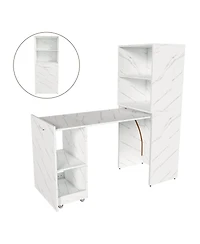 Streamdale Stretchable desk with storage shelves and wheels, foldable, white marble