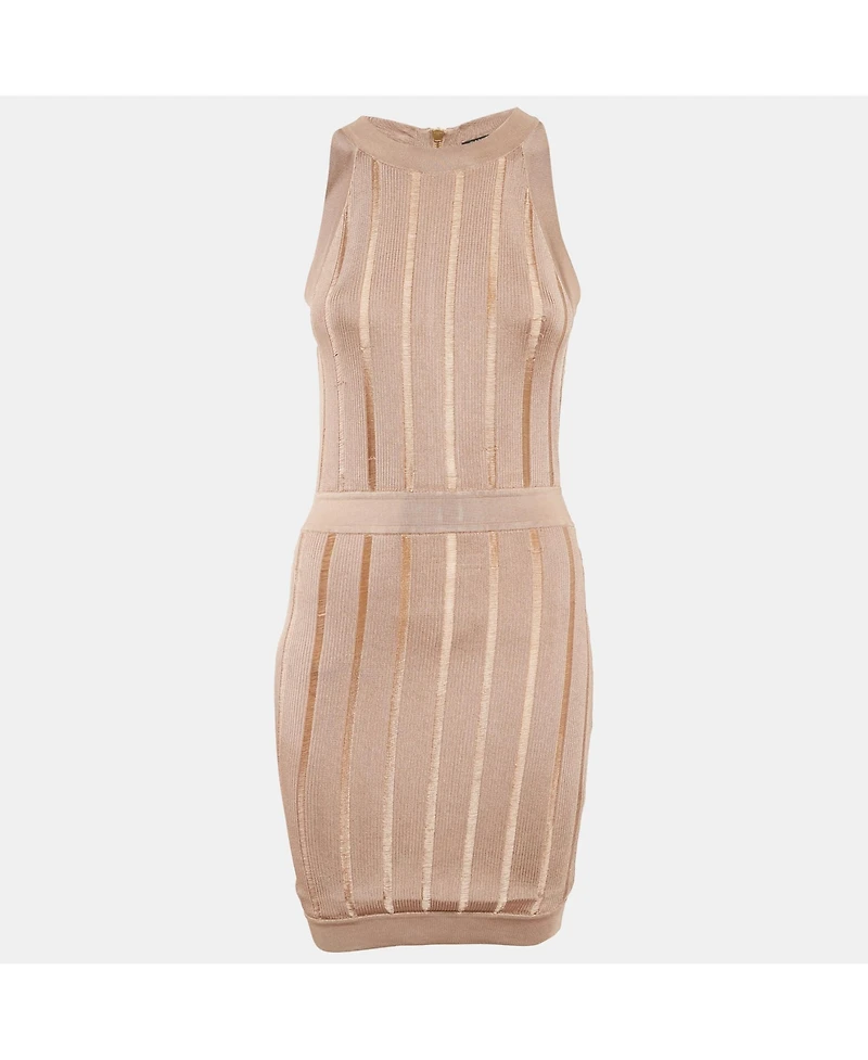 Pre-Owned Balmain Women's Dark Beige Stretch Knit Sleeveless Bodycon Mini Dress