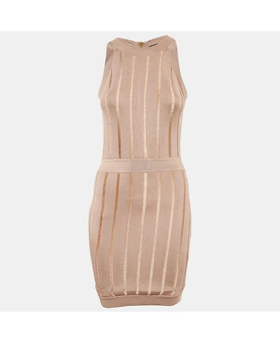 Pre-Owned Balmain Women's Dark Beige Stretch Knit Sleeveless Bodycon Mini Dress
