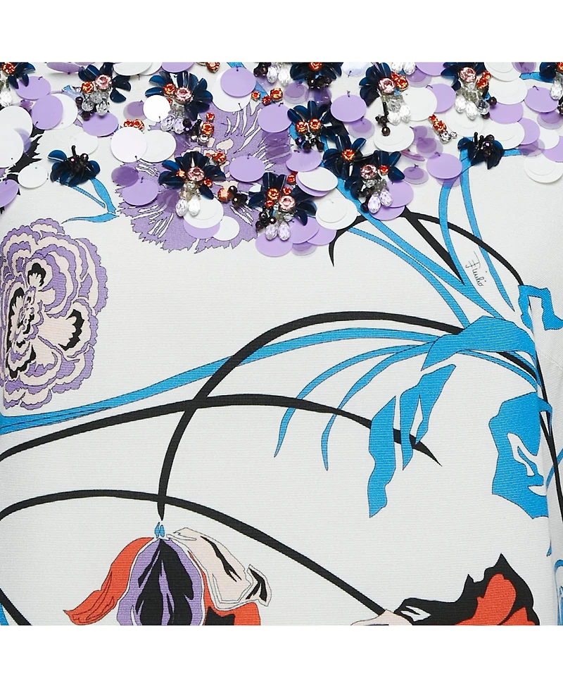 Pre-Owned Emilio Pucci Women's White Floral Cotton Blend Embellished Mini Dress