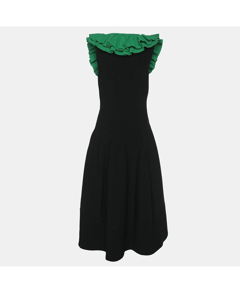 Pre-Owned Alexander Mcqueen Women's Black/green Jersey Flounced Plunge Neck Dress