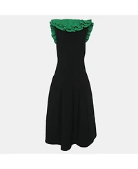 Pre-Owned Alexander Mcqueen Women's Black/green Jersey Flounced Plunge Neck Dress