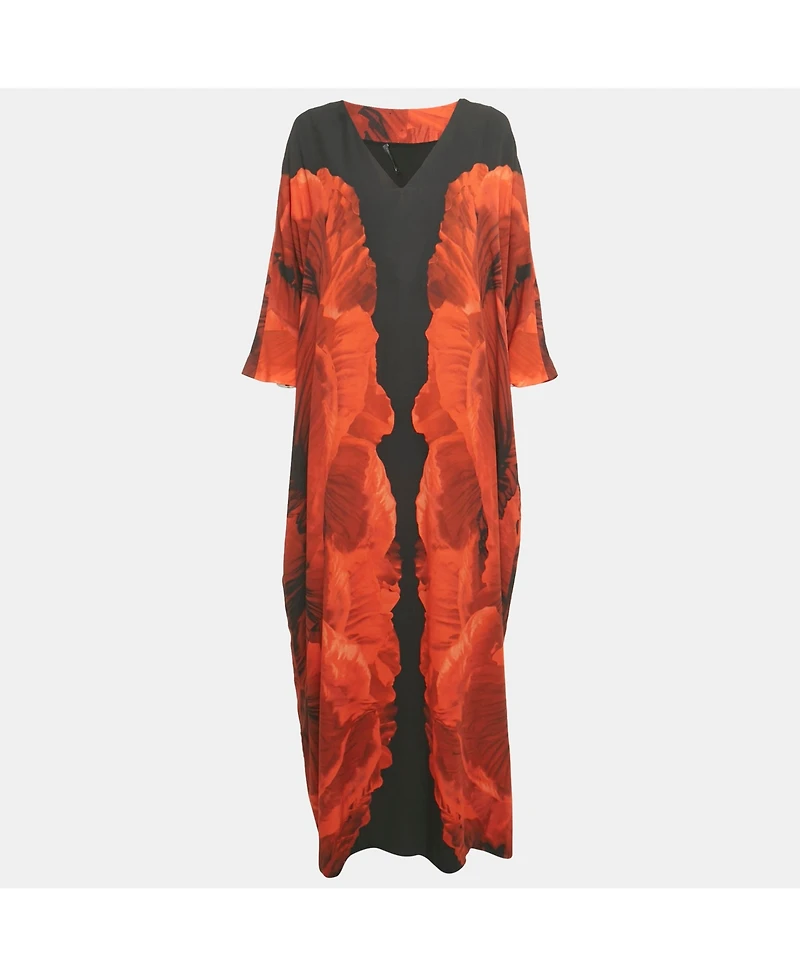 Pre-Owned Alexander Mcqueen Women's Black And Orange Floral Print Silk Maxi Dress
