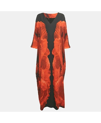Pre-Owned Alexander Mcqueen Women's Black And Orange Floral Print Silk Maxi Dress