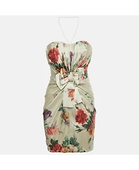 Pre-Owned Dolce & Gabbana Women's Beige Floral Print Silk Bow Detail Strapless Mini Dress