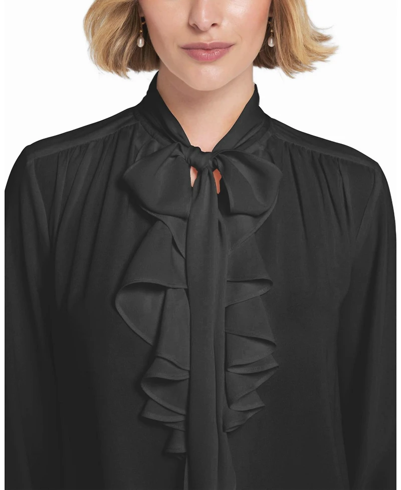 Elle Collection Women's Flounce-Trimmed Tie-Neck Blouse Top