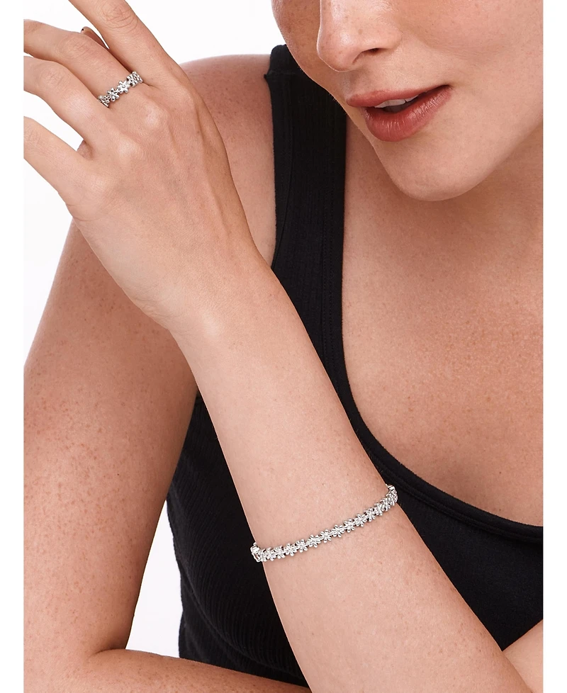 Devata Daisy Flower Eternity Bangle Bracelet in Rhodium Plated Sterling , Size .
