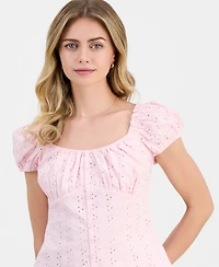 Just Polly Juniors' Eyelet Short-Sleeve Button-Front Top