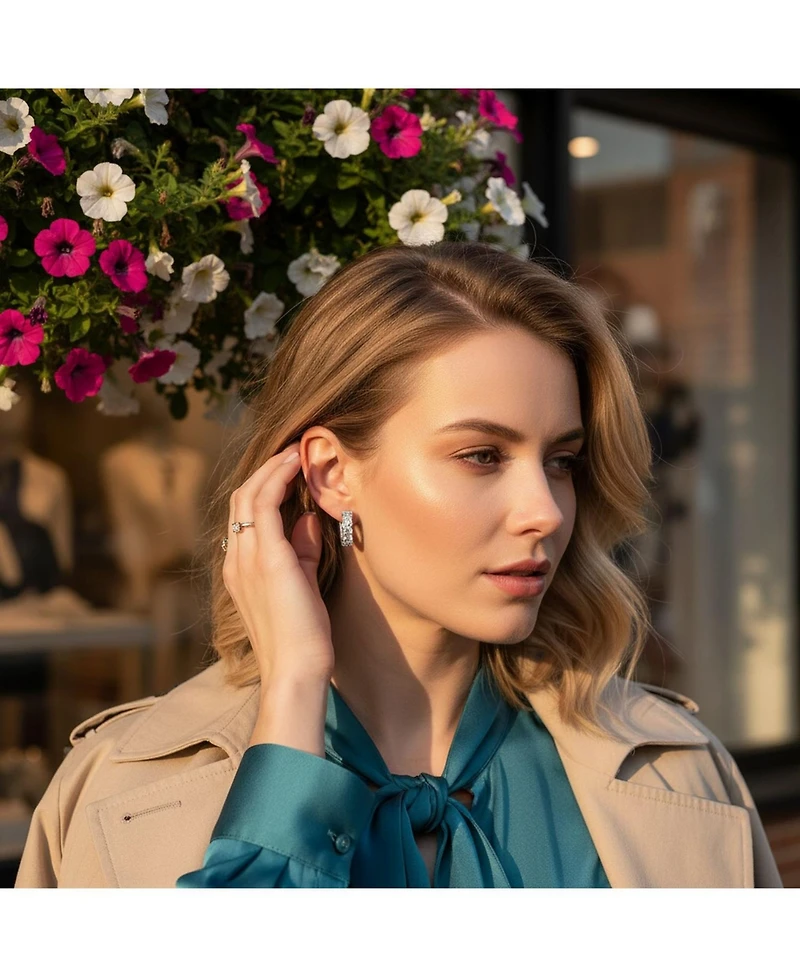 Bling Jewelry Round Solitaire Cubic Zirconia Cz S-Style Wave Kpop Huggie Hoop Earrings Sterling Silver