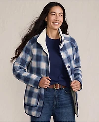 Lands' End Women's High Pile Fleece Reversible Mixed Media Long Jacket
