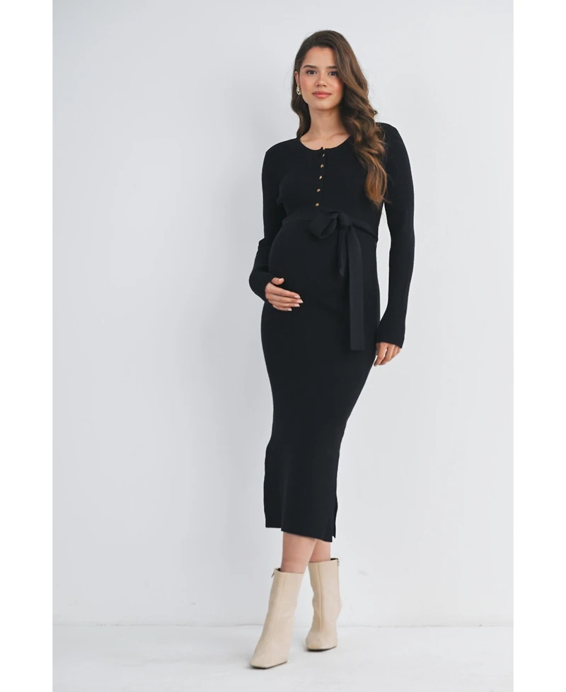 Hello Miz Maternity Ribbed Button Down Waist Tie Midi Nursing Dress - Black