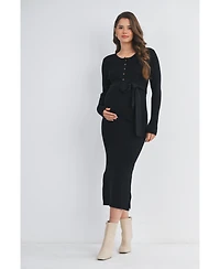 Hello Miz Maternity Ribbed Button Down Waist Tie Midi Nursing Dress - Black