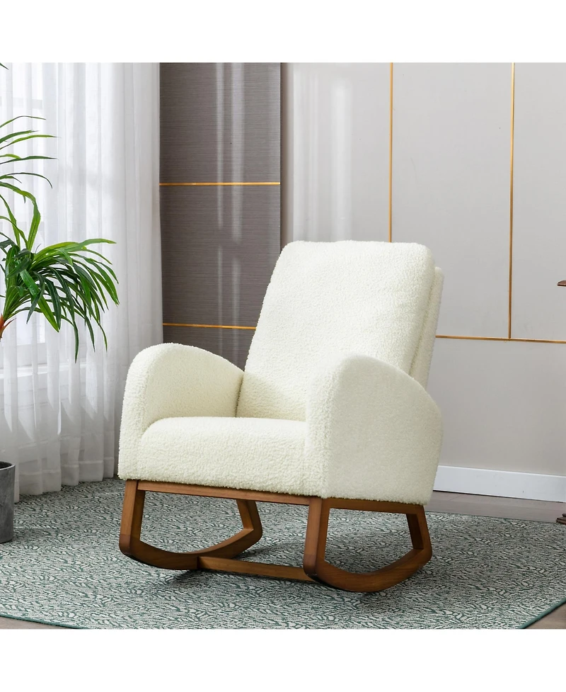 Flynama Beige Linen Rocking Recliner Chair – Modern Home Furniture with Wood Legs