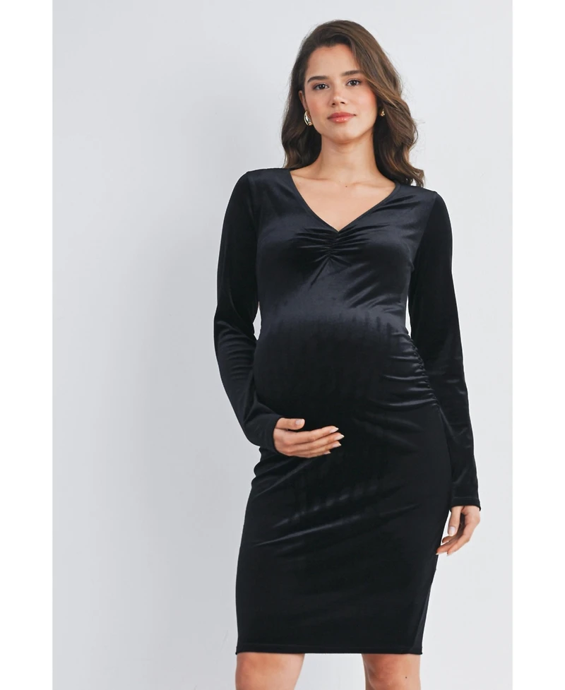 Hello Miz Maternity Long Sleeve V Neck Ruched Velvet Dress