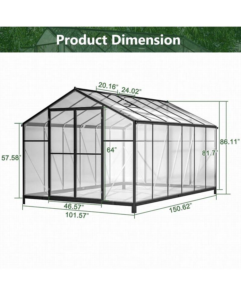 Premium 8'x12' Walk-In Greenhouse with Polycarbonate Walls and Aluminum Frame