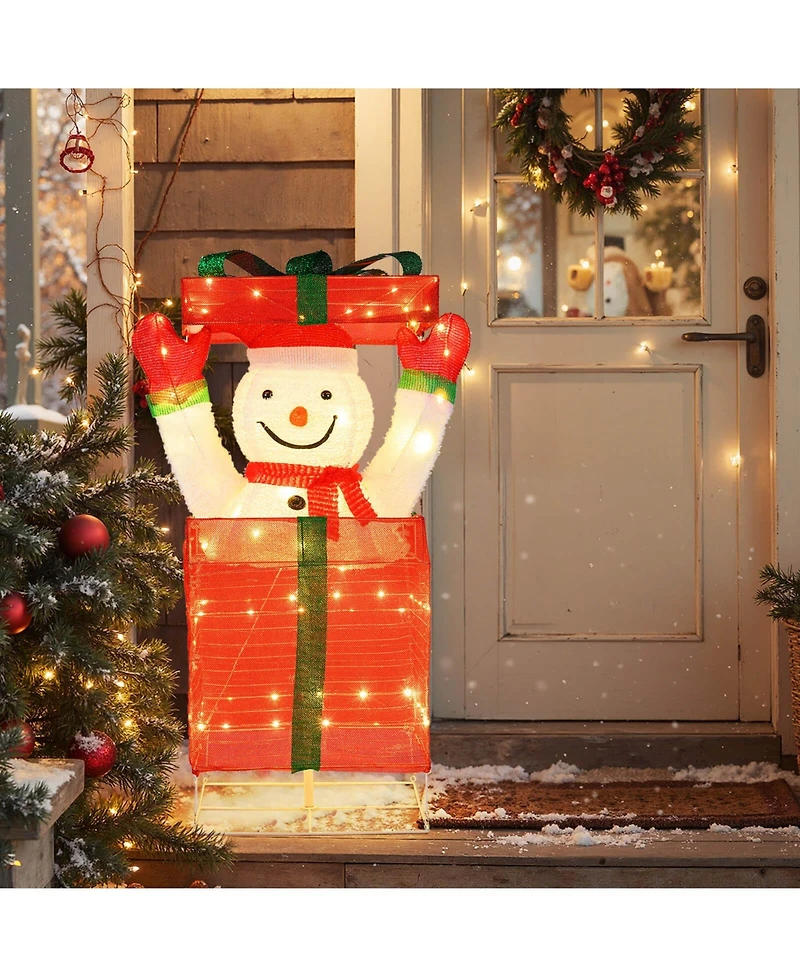 Costway Lighted Snowman in Gift Box Christmas Decoration with 100 Led Lights for Home Lawn