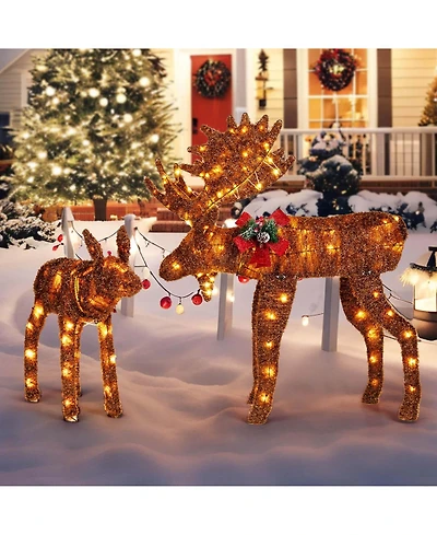 2 Pcs Lighted Moose Family Light-up Xmas Deer Decorations with 170 Led Lights