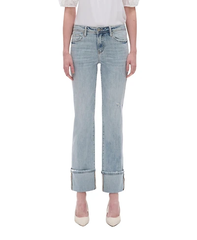 Bayeas Women's Mid-Rise Straight Cuffed Distressed Jeans