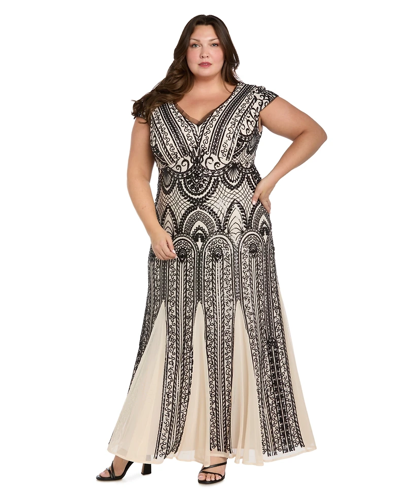R & M Richards Plus V-Neck Sequin Design Long Dress