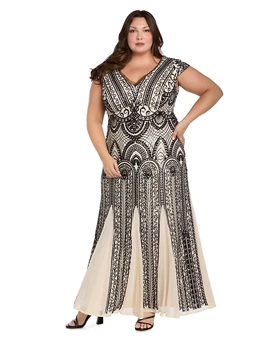 R & M Richards Plus V-Neck Sequin Design Long Dress