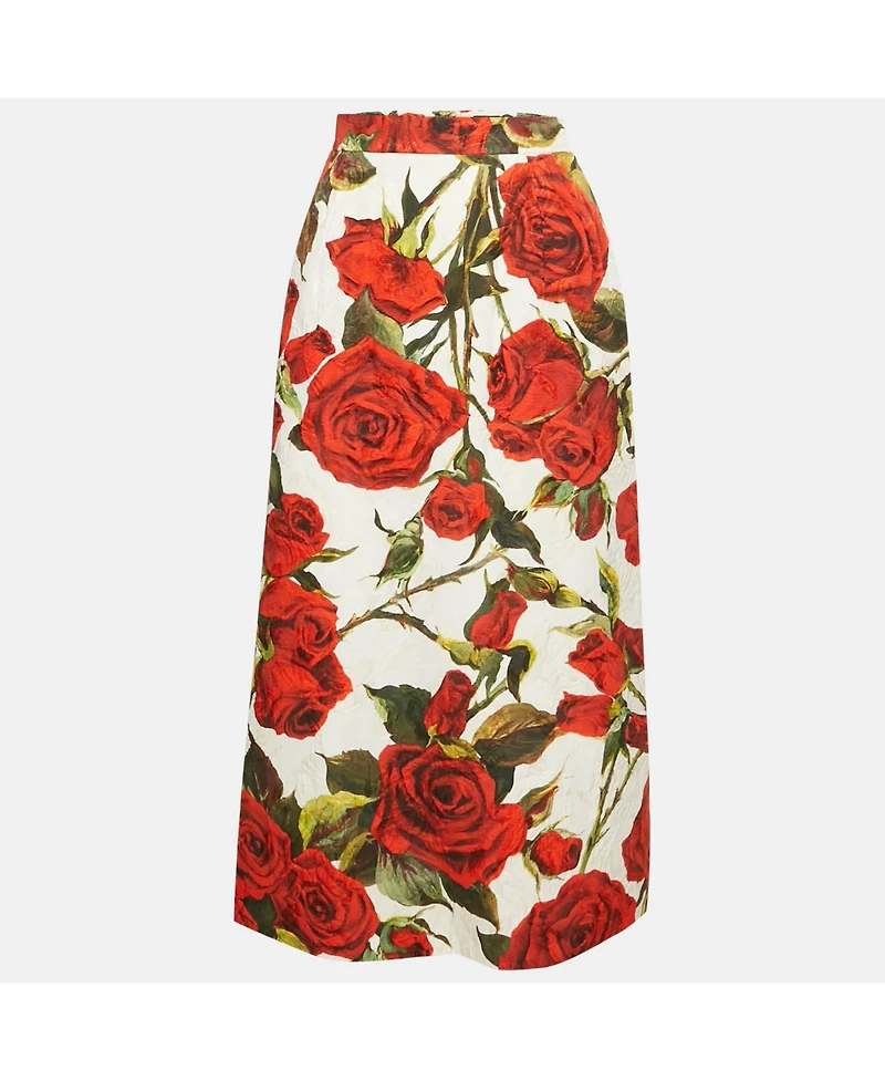 Pre-Owned Dolce & Gabbana Women's White Rose Print Cotton Blend Jacquard Midi Skirt