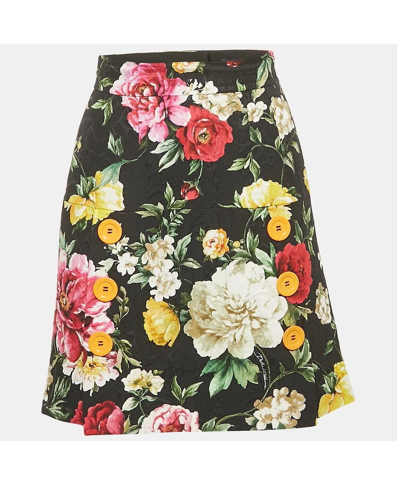 Pre-Owned Dolce & Gabbana Women's Black Floral Print Button Detail Jacquard Mini Skirt