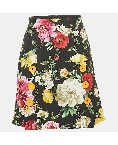 Pre-Owned Dolce & Gabbana Women's Black Floral Print Button Detail Jacquard Mini Skirt