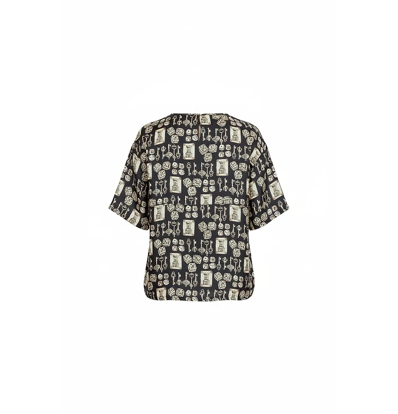 Pre-Owned Dolce & Gabbana Women's Black And Beige Dice Key Printed Silk Short Sleeve Top